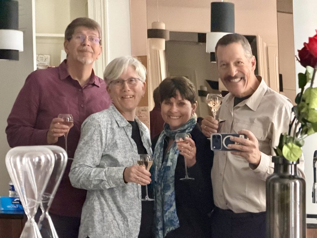 The four of us with a bit of wine to celebrate getting to Lyon