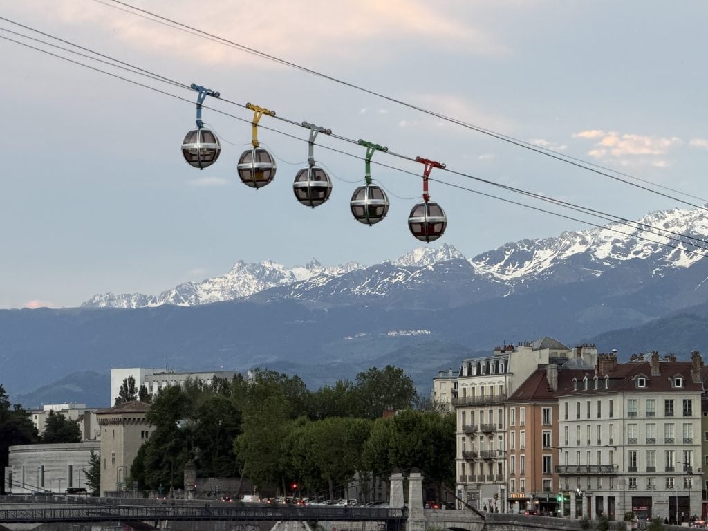 The five round spheres of the telepherique cable car of Grenoble, France